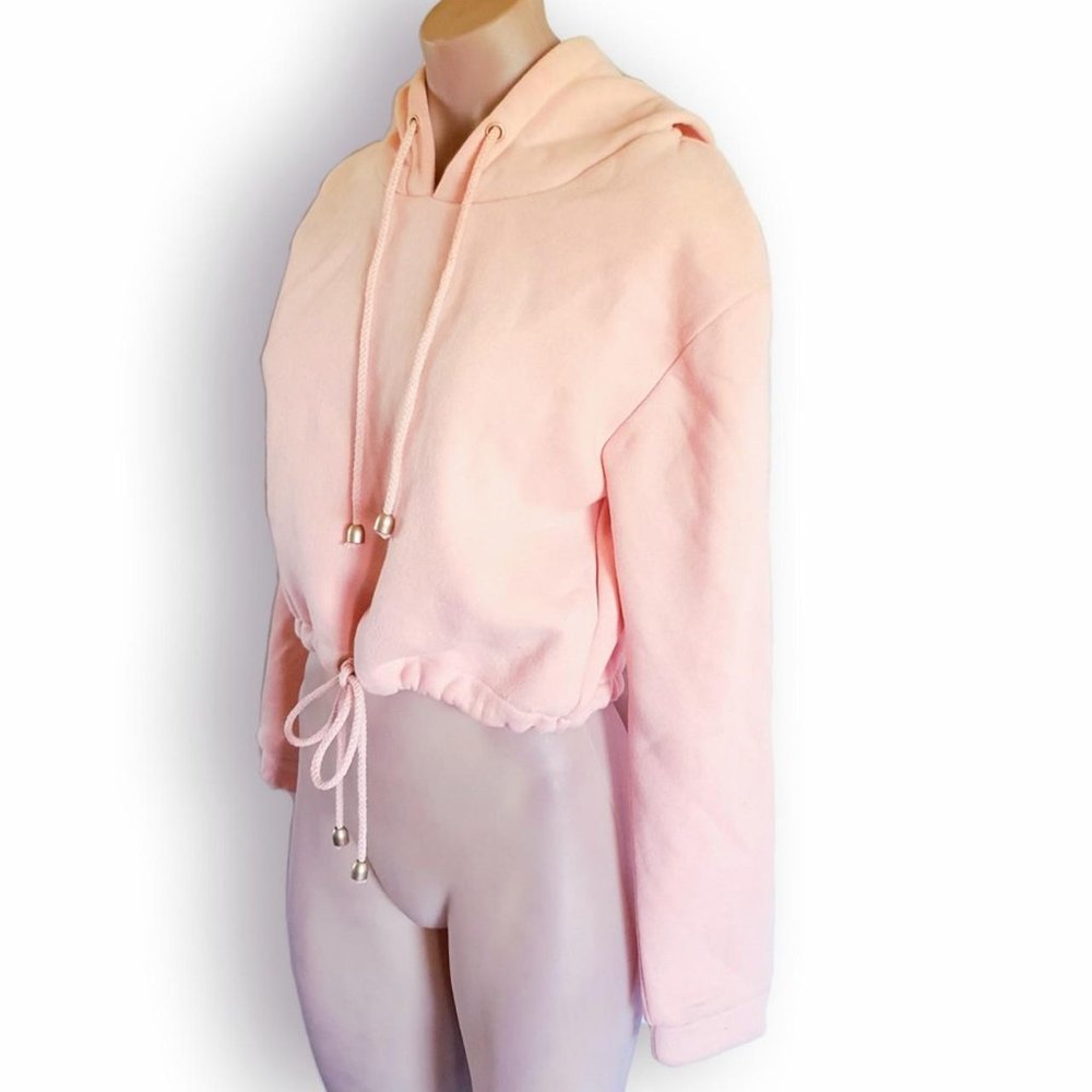 Y2k, pale / pastel / baby pink, cropped, hooded, 3/4 sleeve, jumper fits AU 8-12 - Picture 11 of 12